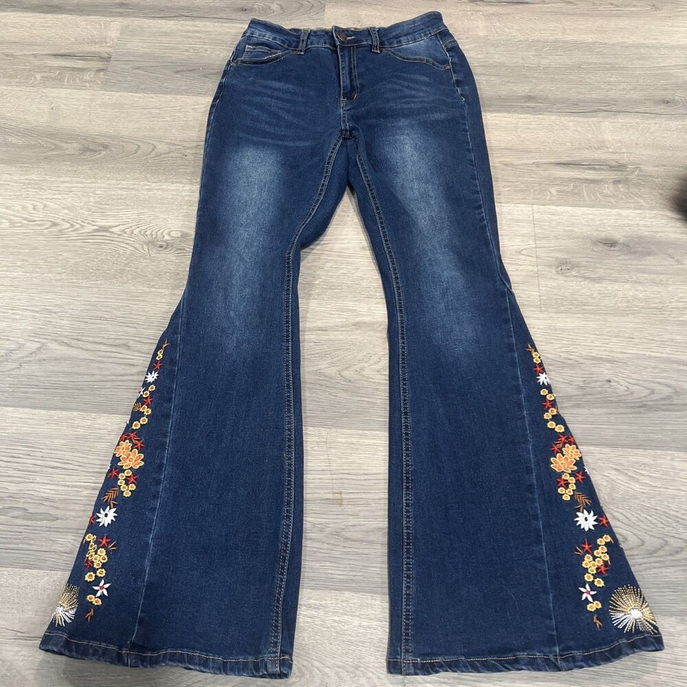 Bamboo Flare Bell Bottom Floral Embroidered Jeans Boho Hippie Size 9